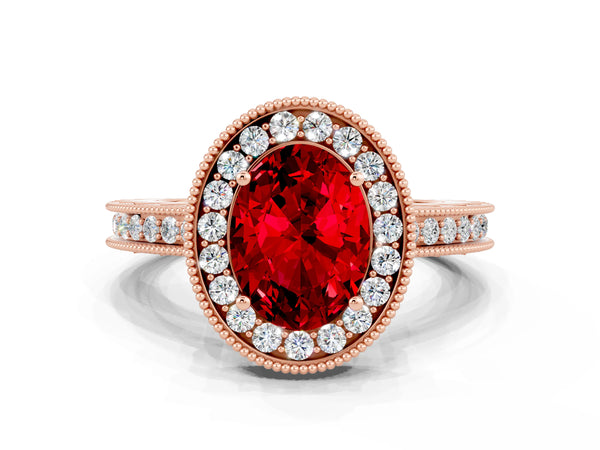 Rose gold Oval Cut Halo Diamond Engagement Ring with Milgrain Pave Band and Four-Prong Setting