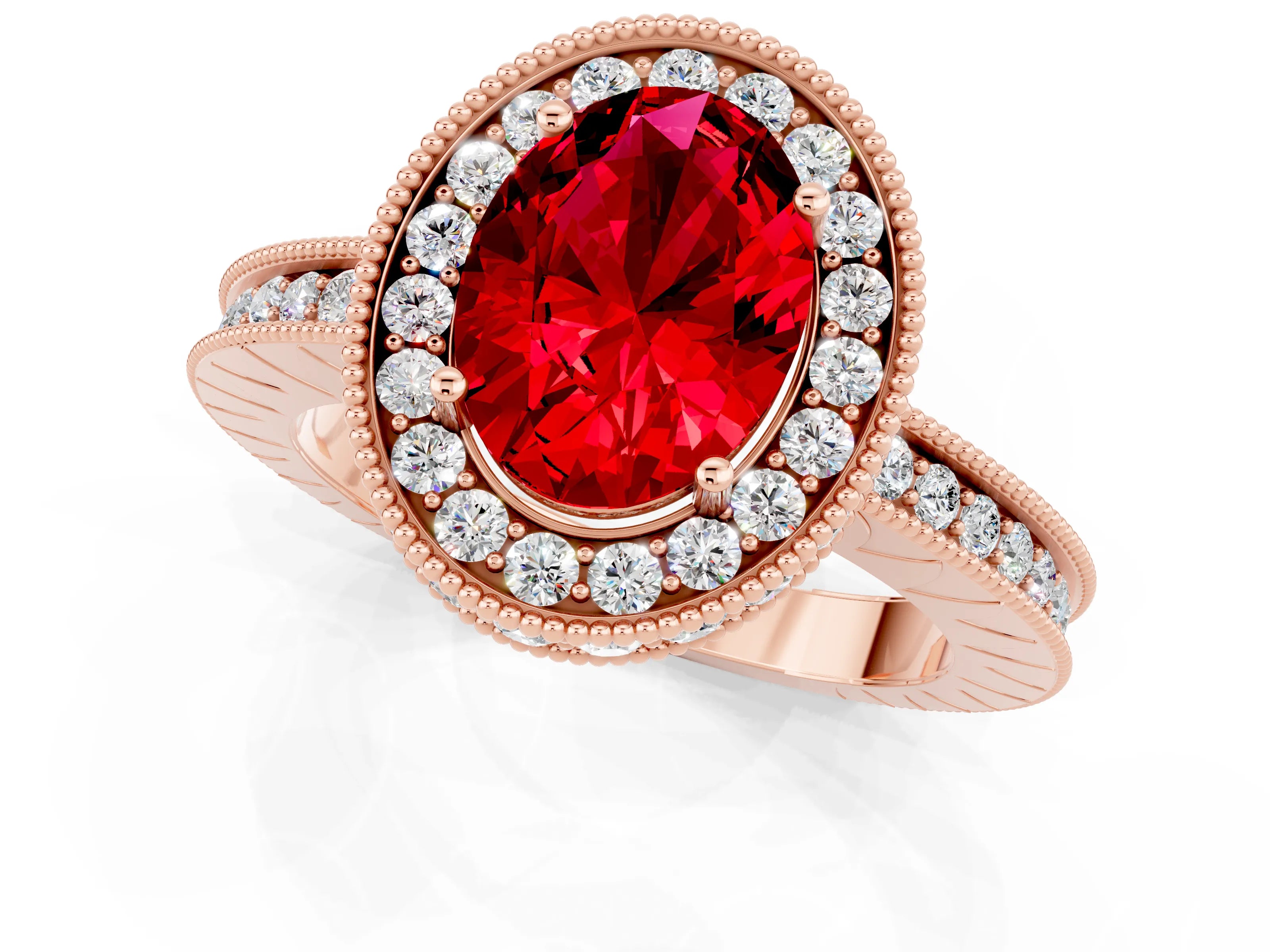 Rose gold Oval Cut Halo Diamond Engagement Ring with Milgrain Pave Band and Four-Prong Setting_1