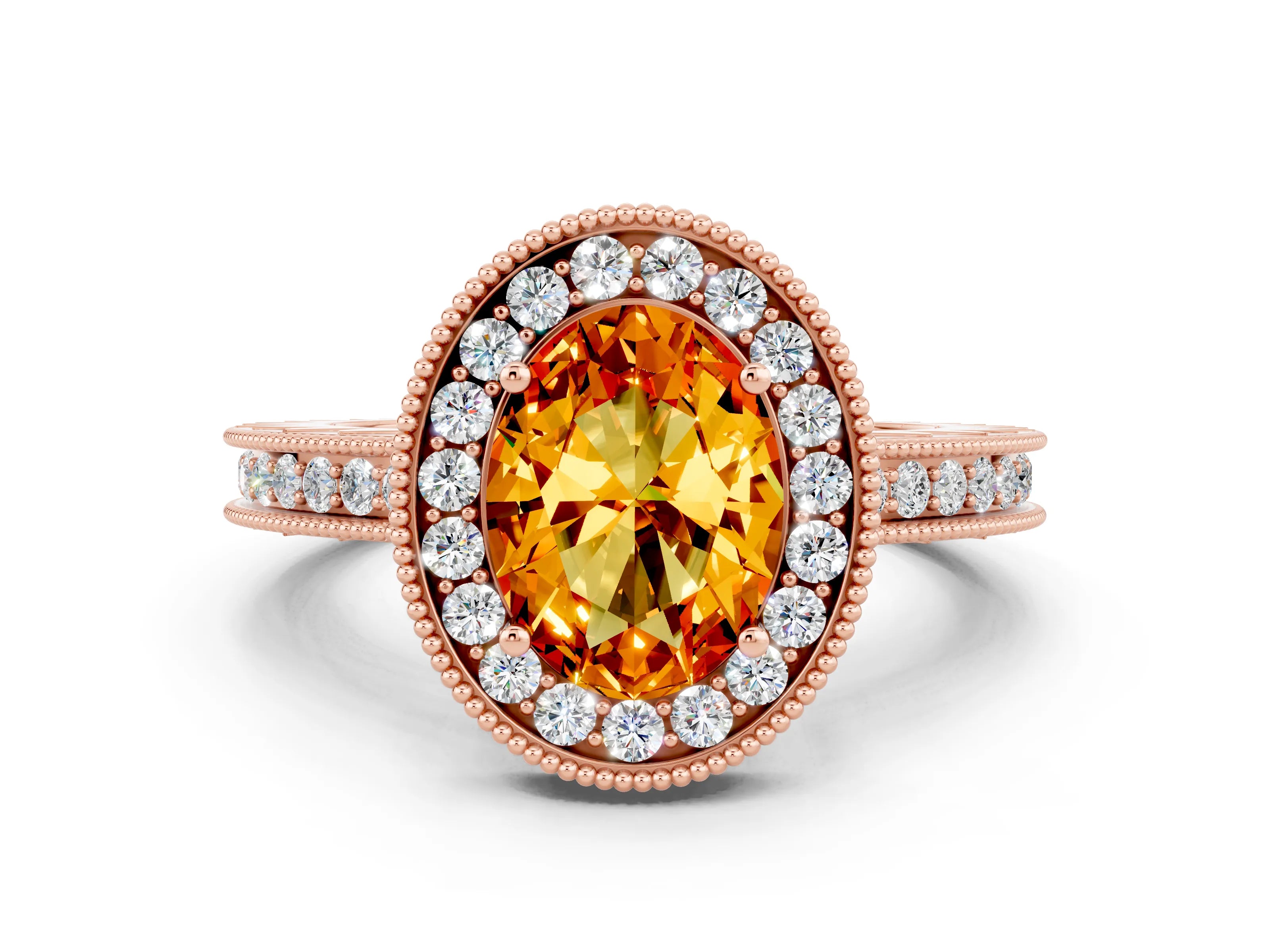Rose gold Oval Cut Halo Diamond Engagement Ring with Milgrain Pave Band and Four-Prong Setting_12