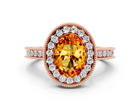 Rose gold Oval Cut Halo Diamond Engagement Ring with Milgrain Pave Band and Four-Prong Setting_12