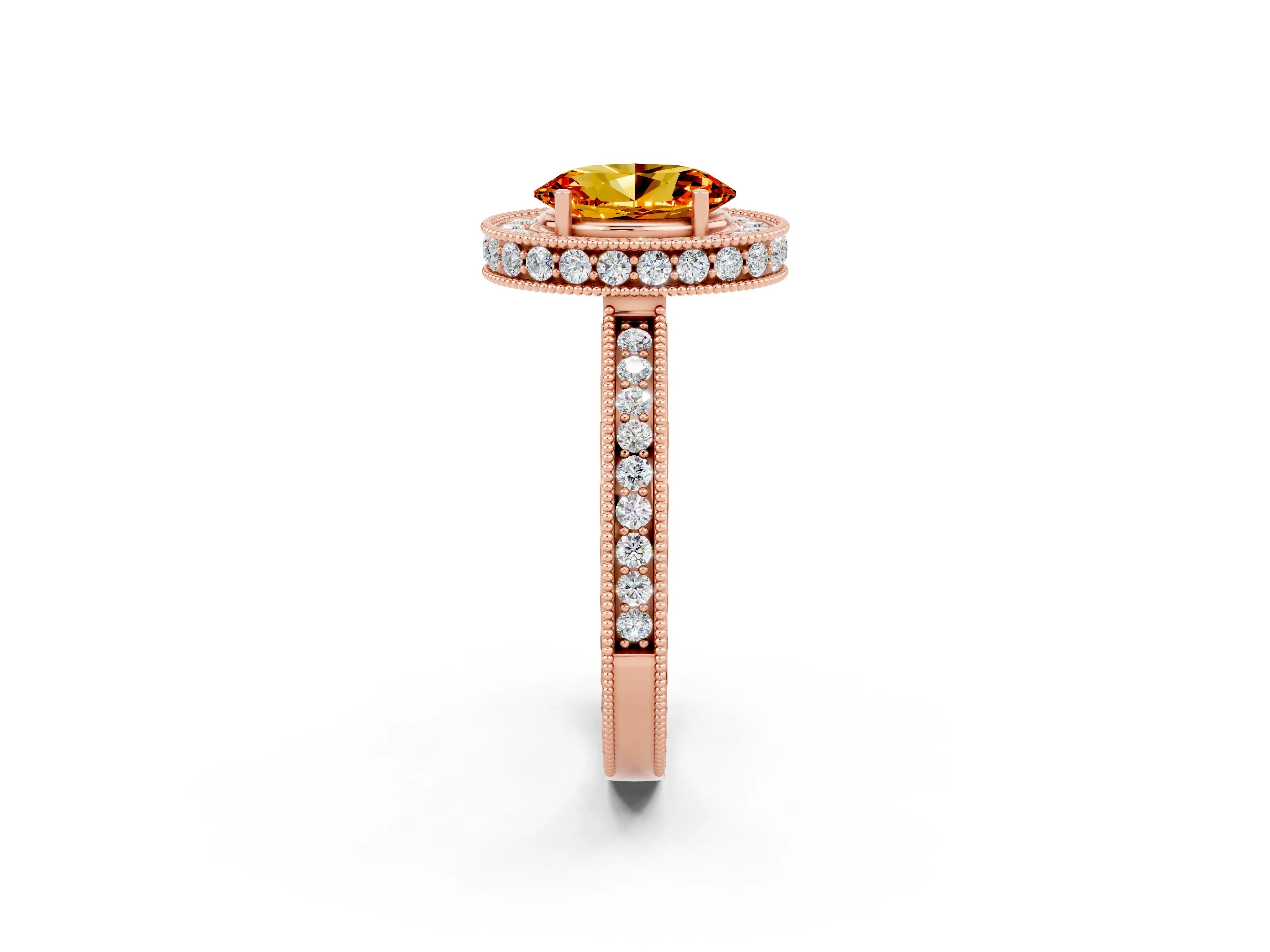 Rose gold Oval Cut Halo Diamond Engagement Ring with Milgrain Pave Band and Four-Prong Setting_14