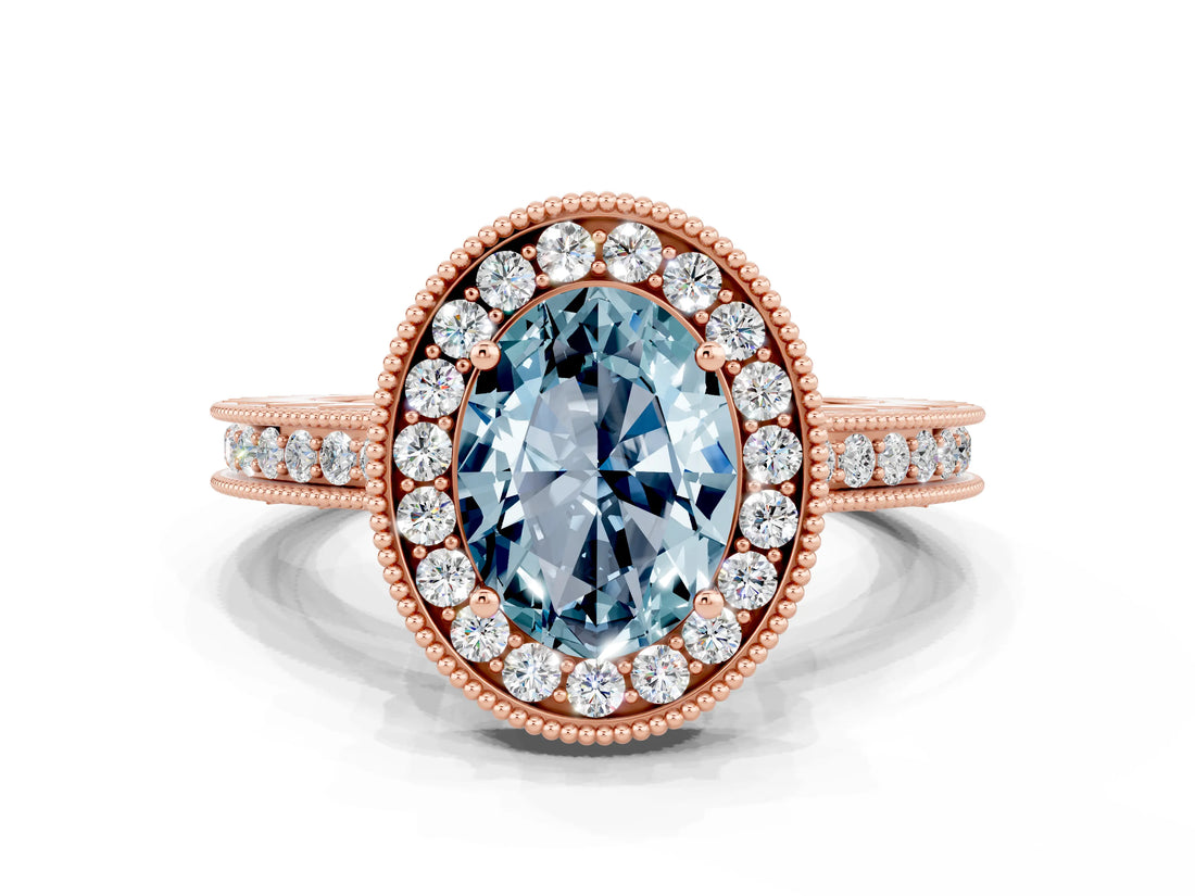 Rose gold Oval Cut Halo Diamond Engagement Ring with Milgrain Pave Band and Four-Prong Setting