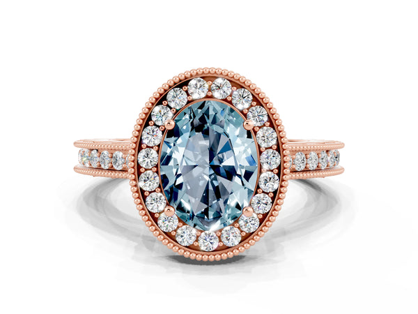 Rose gold Oval Cut Halo Diamond Engagement Ring with Milgrain Pave Band and Four-Prong Setting