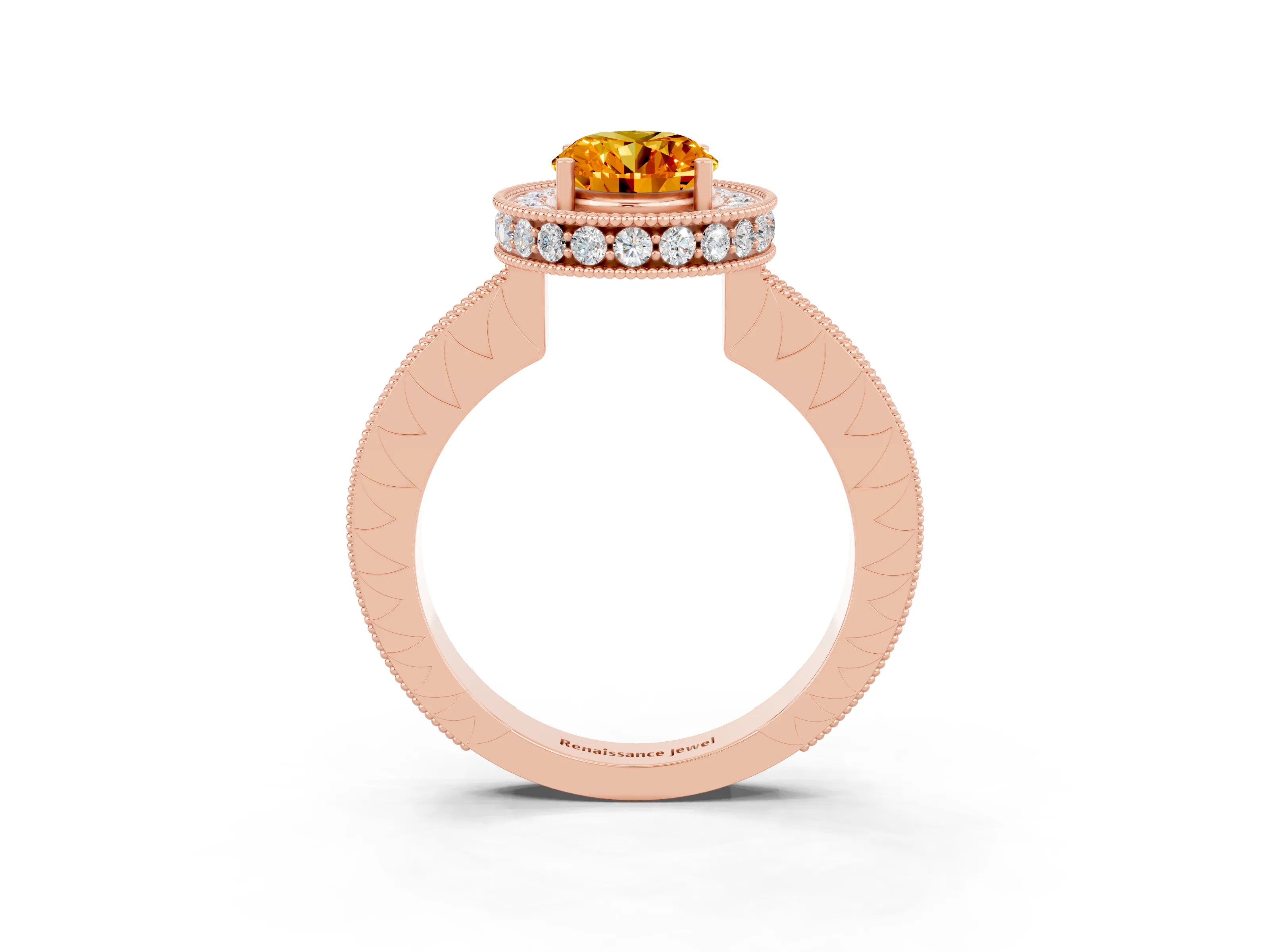 Rose gold Oval Cut Halo Diamond Engagement Ring with Milgrain Pave Band and Four-Prong Setting_15
