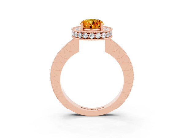 Rose gold Oval Cut Halo Diamond Engagement Ring with Milgrain Pave Band and Four-Prong Setting