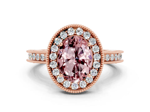 Rose gold Oval Cut Halo Diamond Engagement Ring with Milgrain Pave Band and Four-Prong Setting