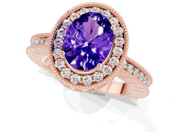 Rose gold Oval Cut Halo Diamond Engagement Ring with Milgrain Pave Band and Four-Prong Setting