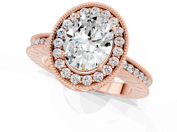 Rose gold Oval Cut Halo Diamond Engagement Ring with Milgrain Pave Band and Four-Prong Setting
