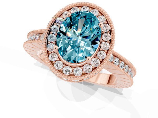 Rose gold Oval Cut Halo Diamond Engagement Ring with Milgrain Pave Band and Four-Prong Setting
