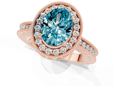 Rose gold Oval Cut Halo Diamond Engagement Ring with Milgrain Pave Band and Four-Prong Setting_1