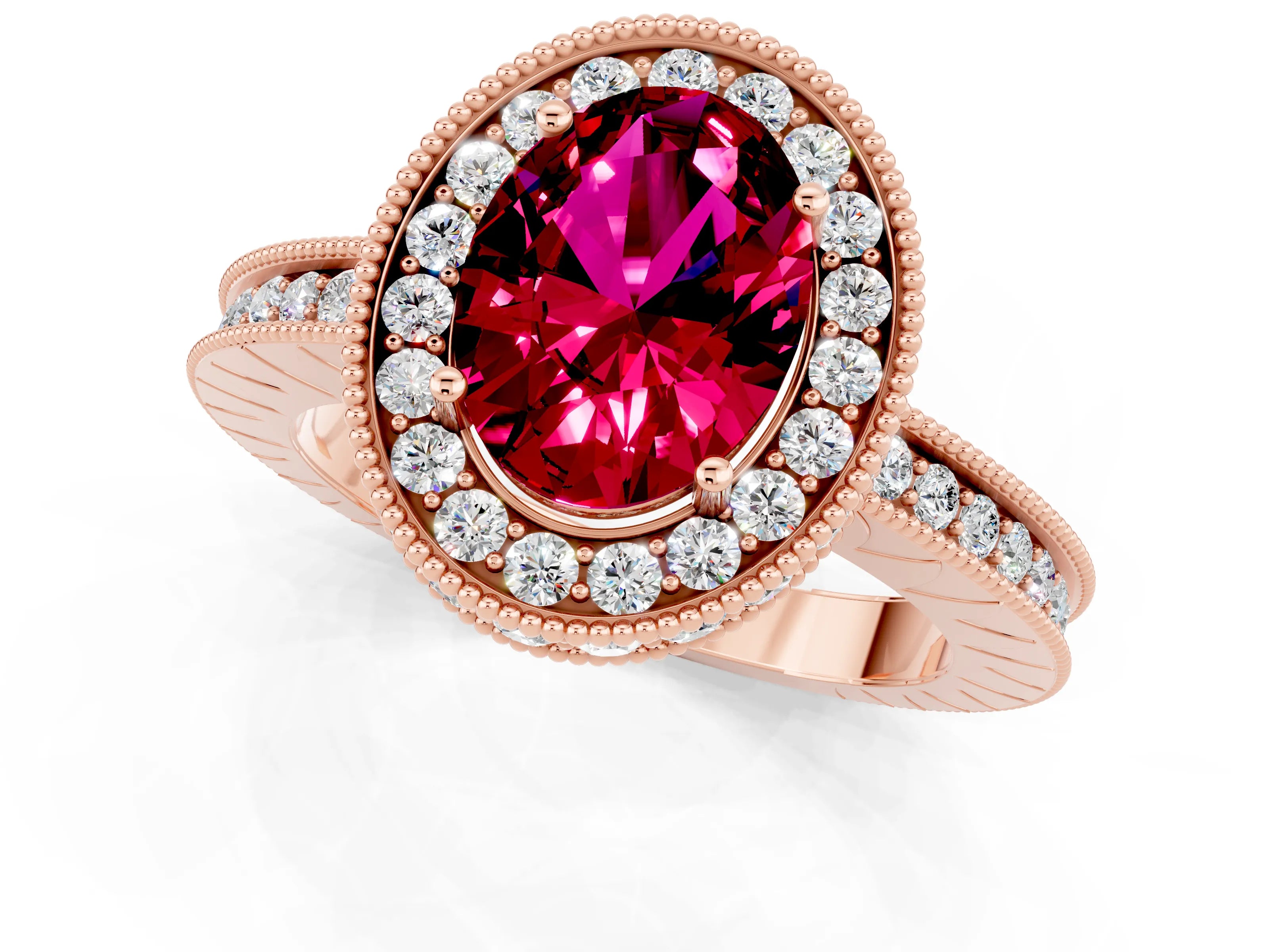 Rose gold Oval Cut Halo Diamond Engagement Ring with Milgrain Pave Band and Four-Prong Setting_1