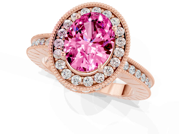 Rose gold Oval Cut Halo Diamond Engagement Ring with Milgrain Pave Band and Four-Prong Setting