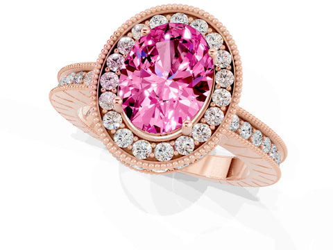 Rose gold Oval Cut Halo Diamond Engagement Ring with Milgrain Pave Band and Four-Prong Setting_1