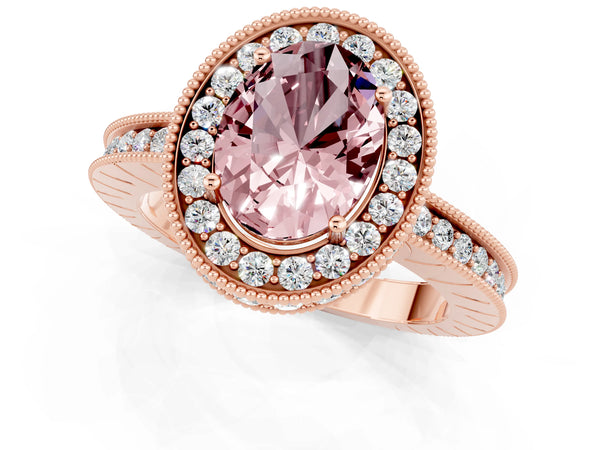 Rose gold Oval Cut Halo Diamond Engagement Ring with Milgrain Pave Band and Four-Prong Setting
