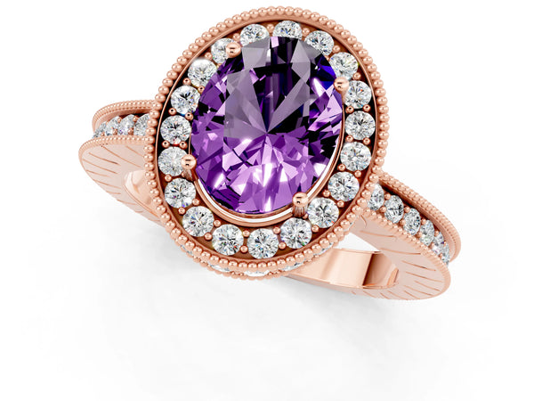 Rose gold Oval Cut Amethyst Milgrain Halo Engagement Ring with Round Pavé Band and Prong Setting