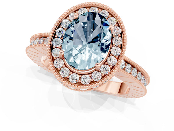Rose gold Oval Cut Halo Diamond Engagement Ring with Milgrain Pave Band and Four-Prong Setting