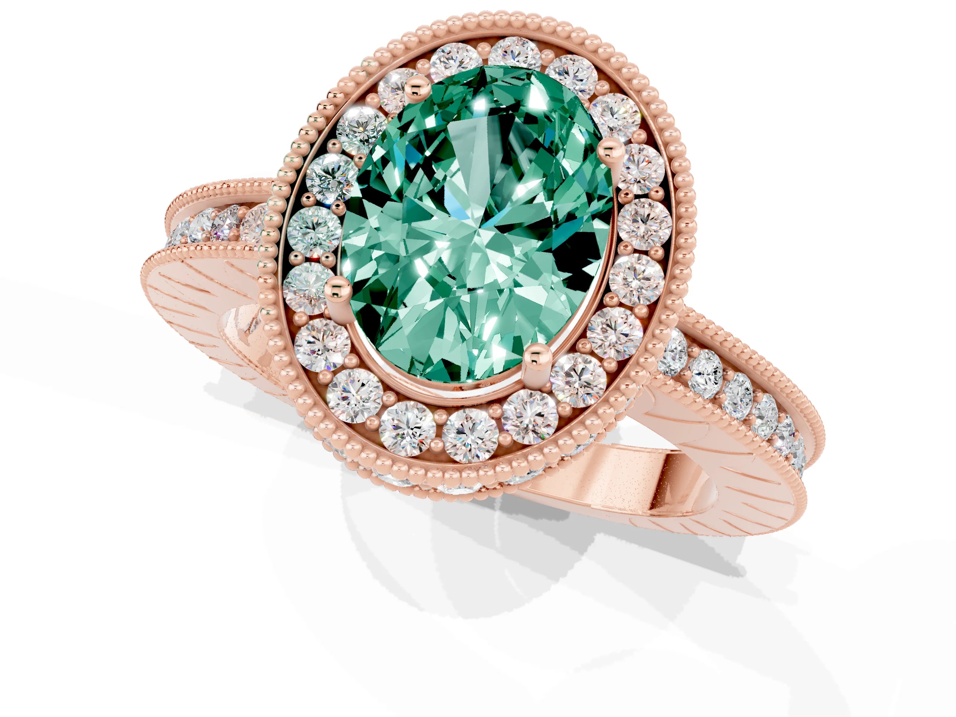 Rose gold Oval Cut Halo Diamond Engagement Ring with Milgrain Pave Band and Four-Prong Setting_1