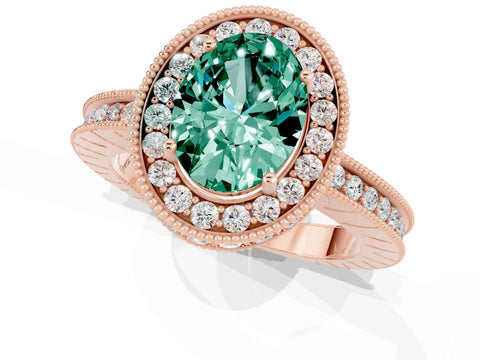 Rose gold Oval Cut Halo Diamond Engagement Ring with Milgrain Pave Band and Four-Prong Setting_1