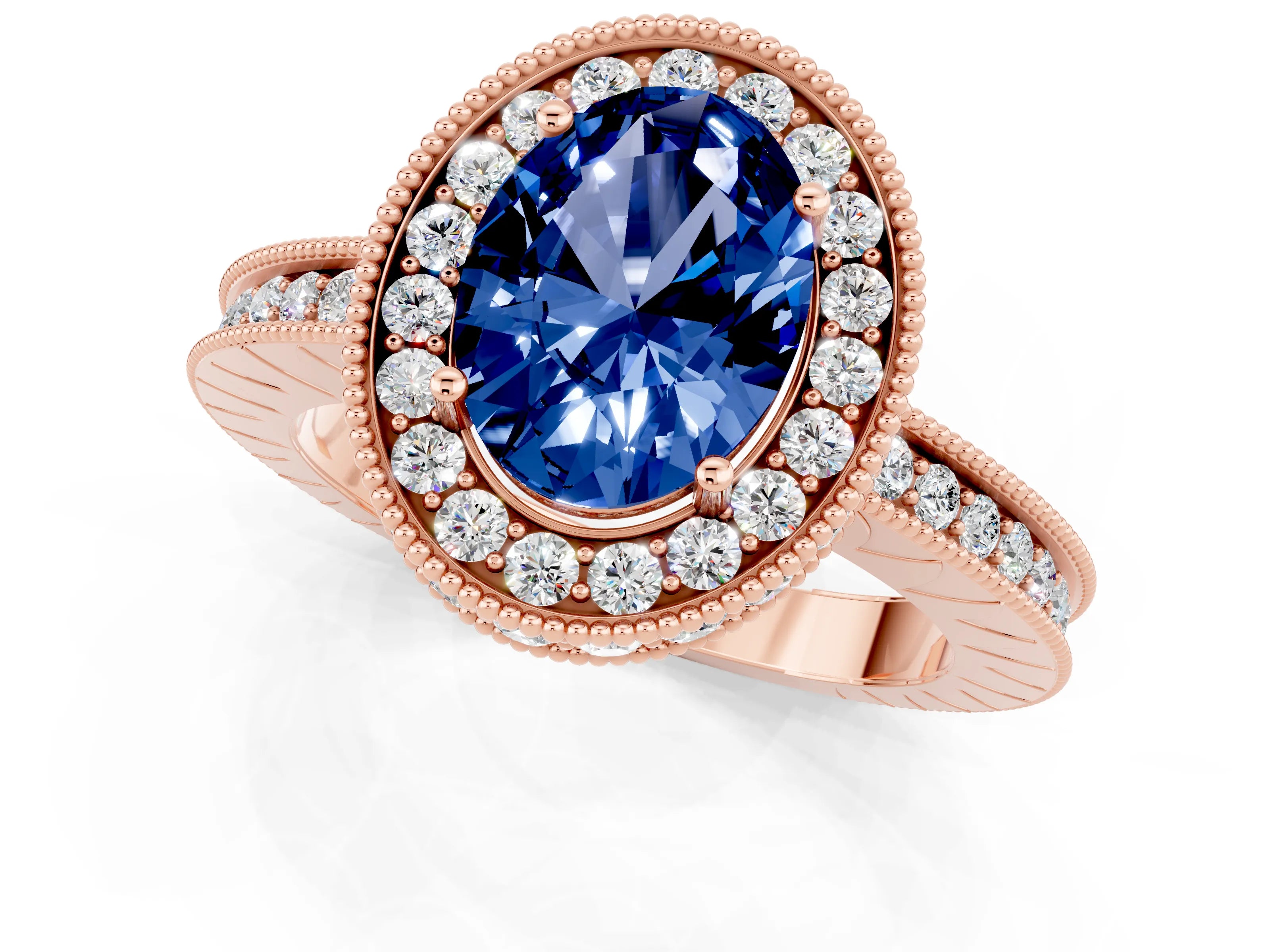 Rose gold Oval Cut Halo Diamond Engagement Ring with Milgrain Pave Band and Four-Prong Setting_1
