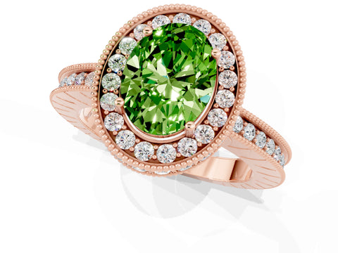 Rose gold Oval Cut Halo Diamond Engagement Ring with Milgrain Pave Band and Four-Prong Setting_1