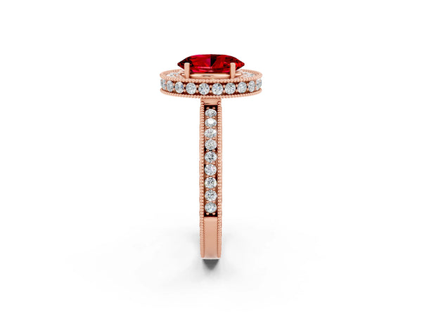 Rose gold Oval Cut Halo Diamond Engagement Ring with Milgrain Pave Band and Four-Prong Setting