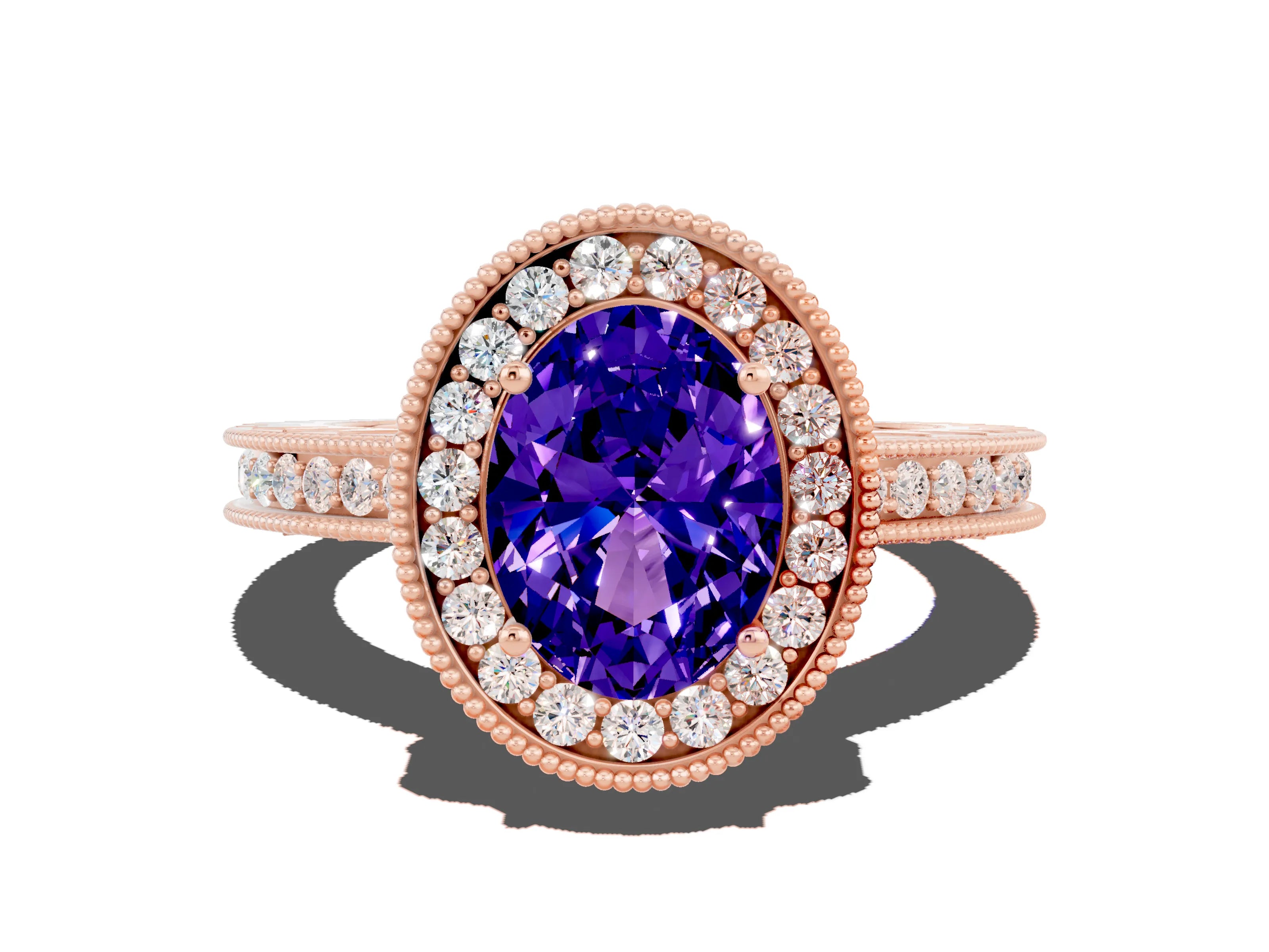 Rose gold Oval Cut Halo Diamond Engagement Ring with Milgrain Pave Band and Four-Prong Setting