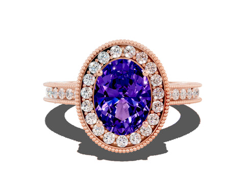 Rose gold Oval Cut Halo Diamond Engagement Ring with Milgrain Pave Band and Four-Prong Setting