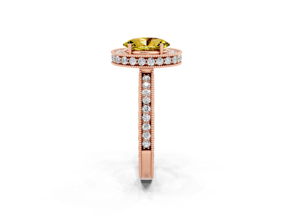 Rose gold Oval Cut Halo Diamond Engagement Ring with Milgrain Pave Band and Four-Prong Setting