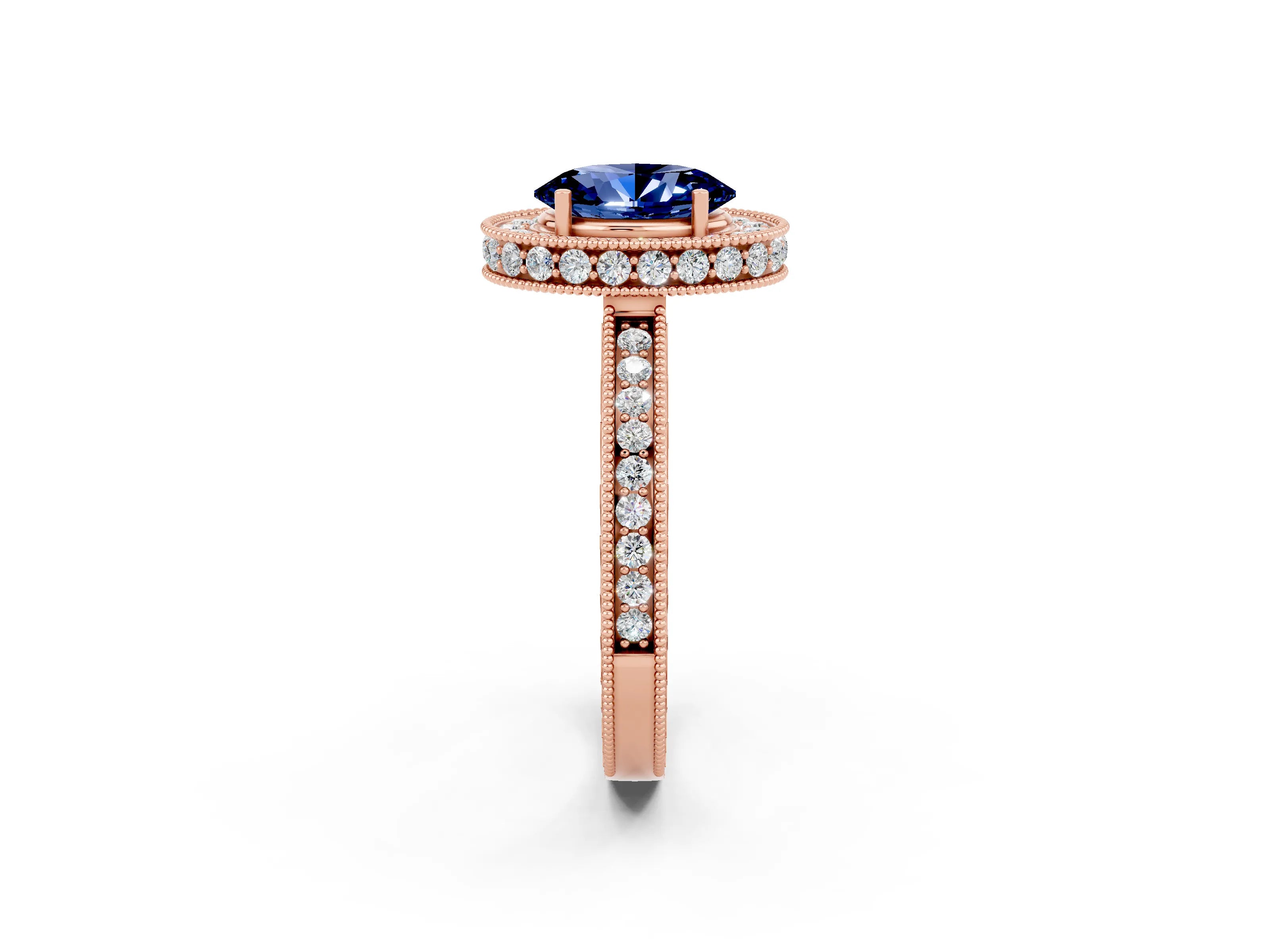 Rose gold Oval Cut Halo Diamond Engagement Ring with Milgrain Pave Band and Four-Prong Setting_2