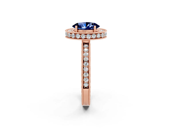 Rose gold Oval Cut Halo Diamond Engagement Ring with Milgrain Pave Band and Four-Prong Setting