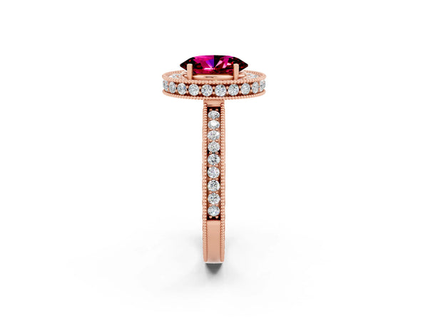 Rose gold Oval Cut Halo Diamond Engagement Ring with Milgrain Pave Band and Four-Prong Setting