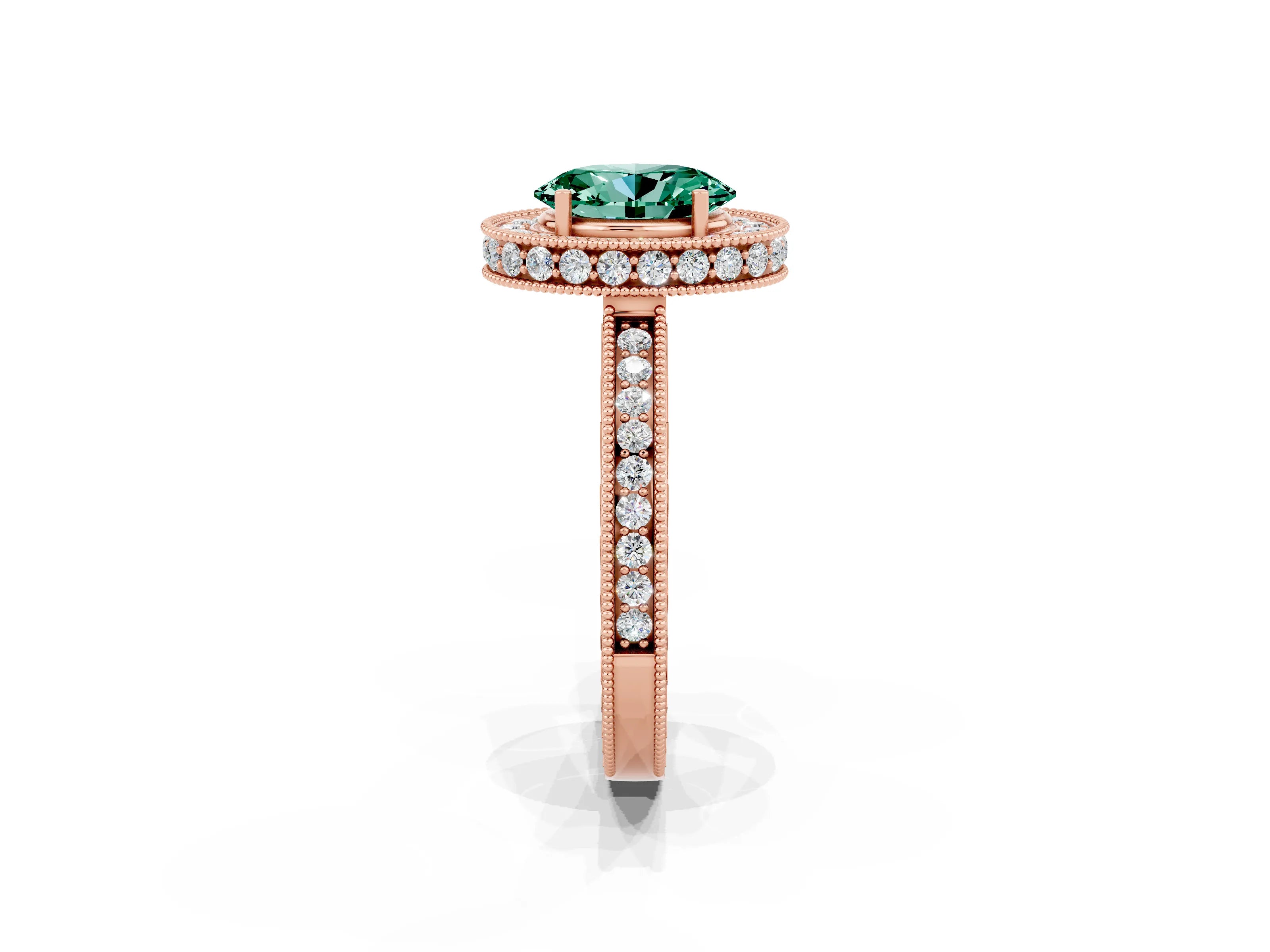 Rose gold Oval Cut Halo Diamond Engagement Ring with Milgrain Pave Band and Four-Prong Setting_2