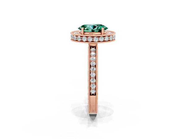 Rose gold Oval Cut Halo Diamond Engagement Ring with Milgrain Pave Band and Four-Prong Setting