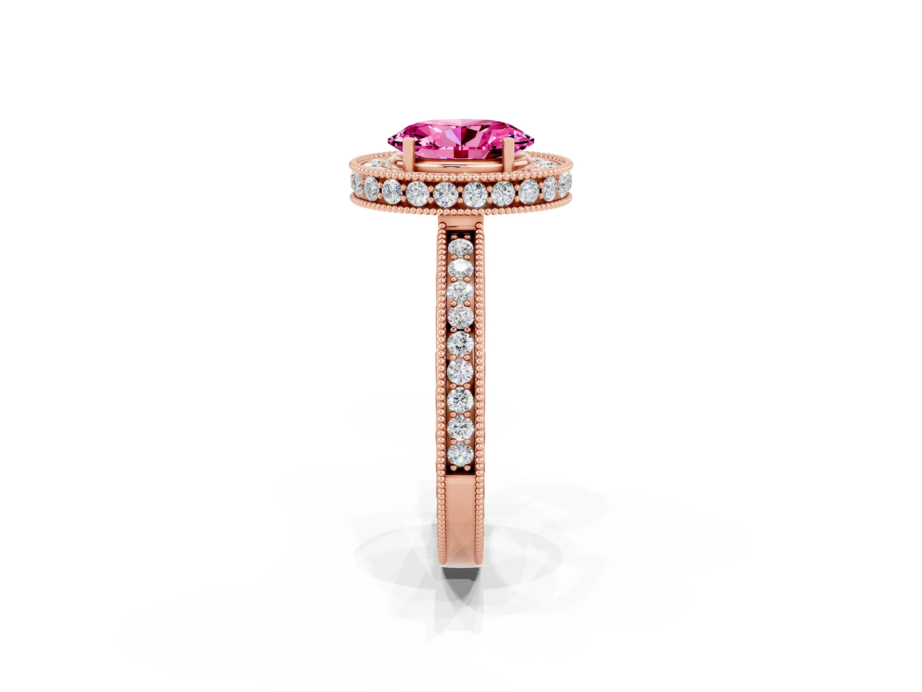 Rose gold Oval Cut Halo Diamond Engagement Ring with Milgrain Pave Band and Four-Prong Setting_2