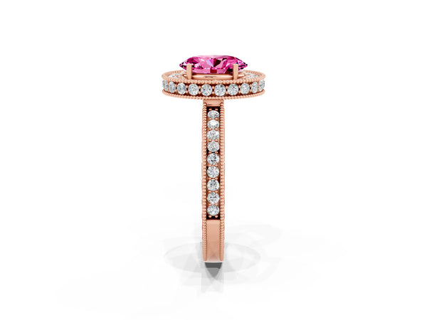 Rose gold Oval Cut Halo Diamond Engagement Ring with Milgrain Pave Band and Four-Prong Setting