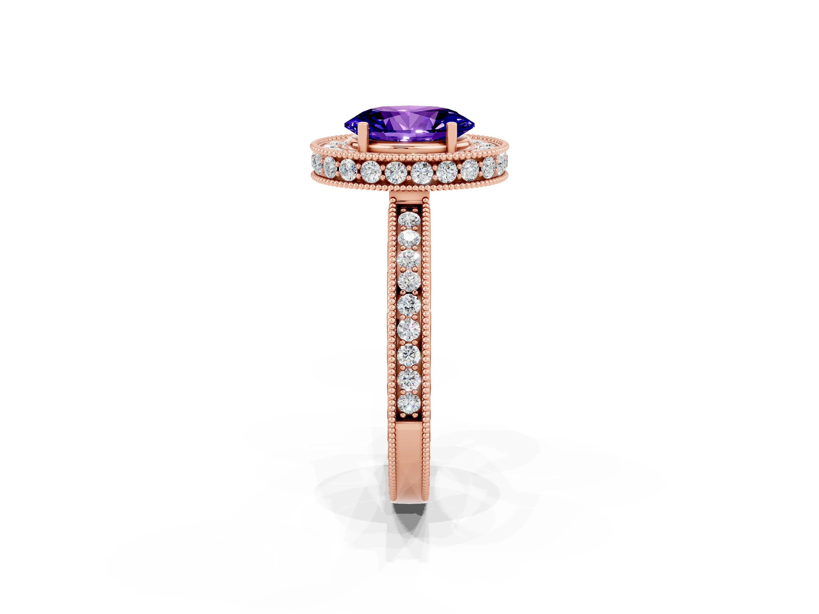 Rose gold Oval Cut Halo Diamond Engagement Ring with Milgrain Pave Band and Four-Prong Setting_2