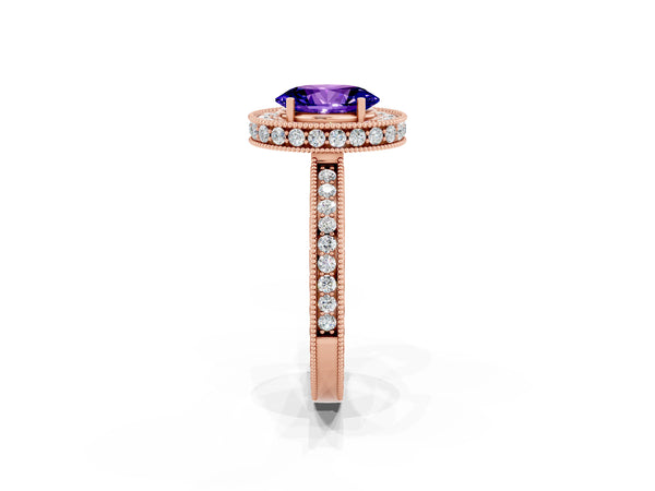 Rose gold Oval Cut Halo Diamond Engagement Ring with Milgrain Pave Band and Four-Prong Setting