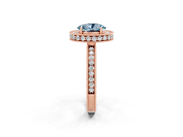 Rose gold Oval Cut Halo Diamond Engagement Ring with Milgrain Pave Band and Four-Prong Setting