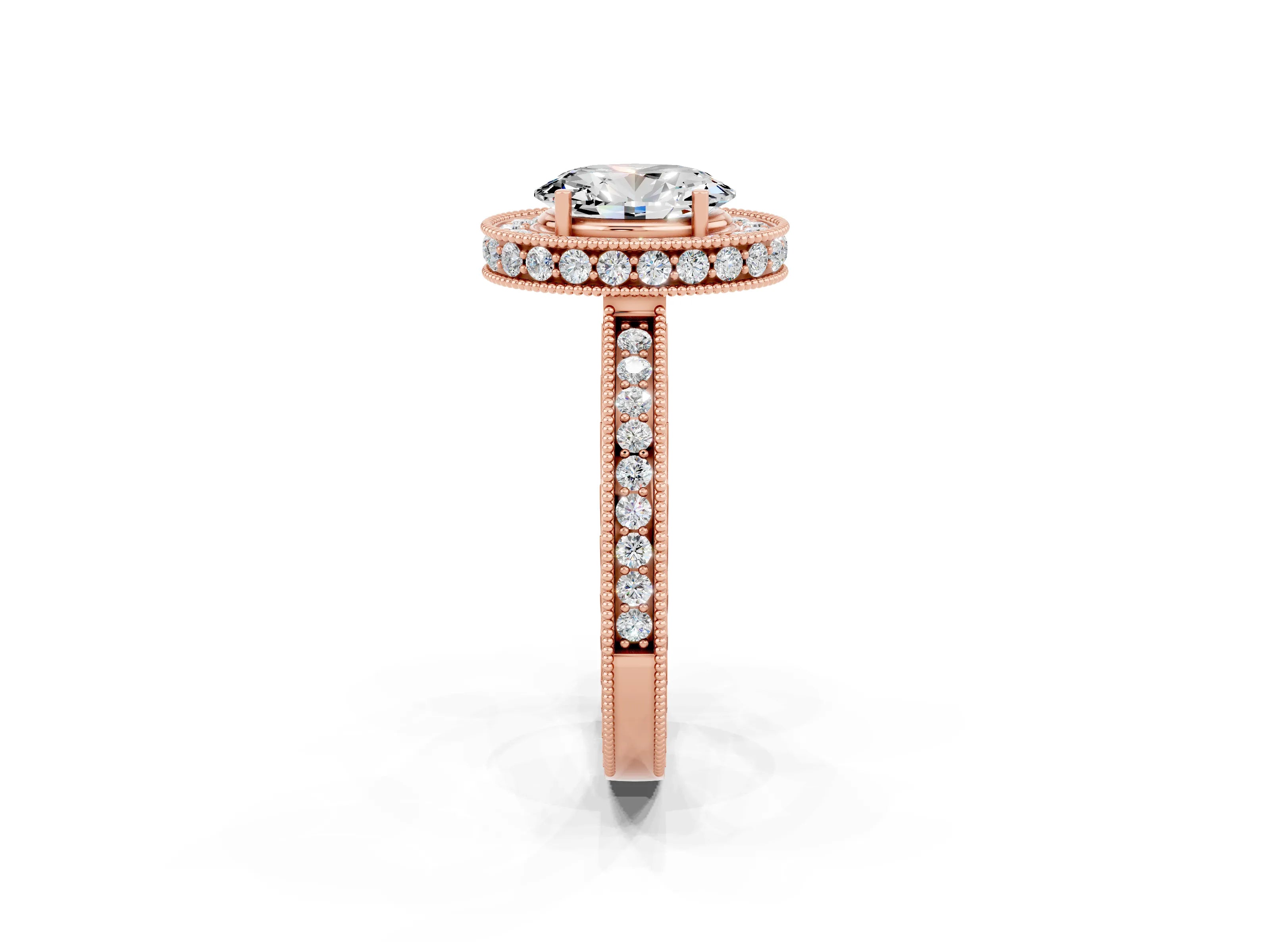 Rose gold Oval Cut Halo Diamond Engagement Ring with Milgrain Pave Band and Four-Prong Setting_2