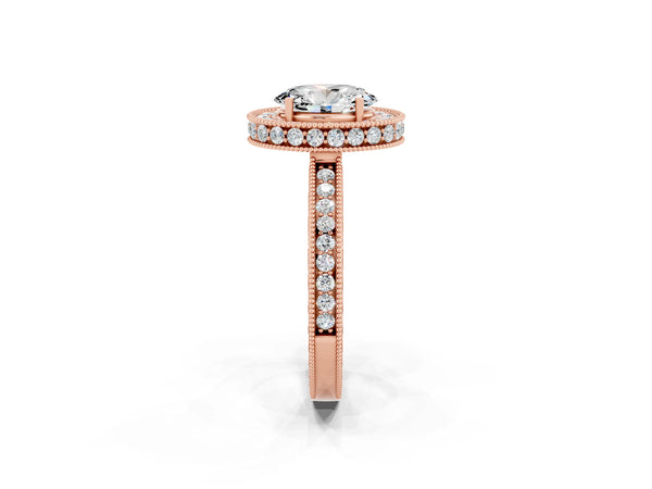 Rose gold Oval Cut Halo Diamond Engagement Ring with Milgrain Pave Band and Four-Prong Setting