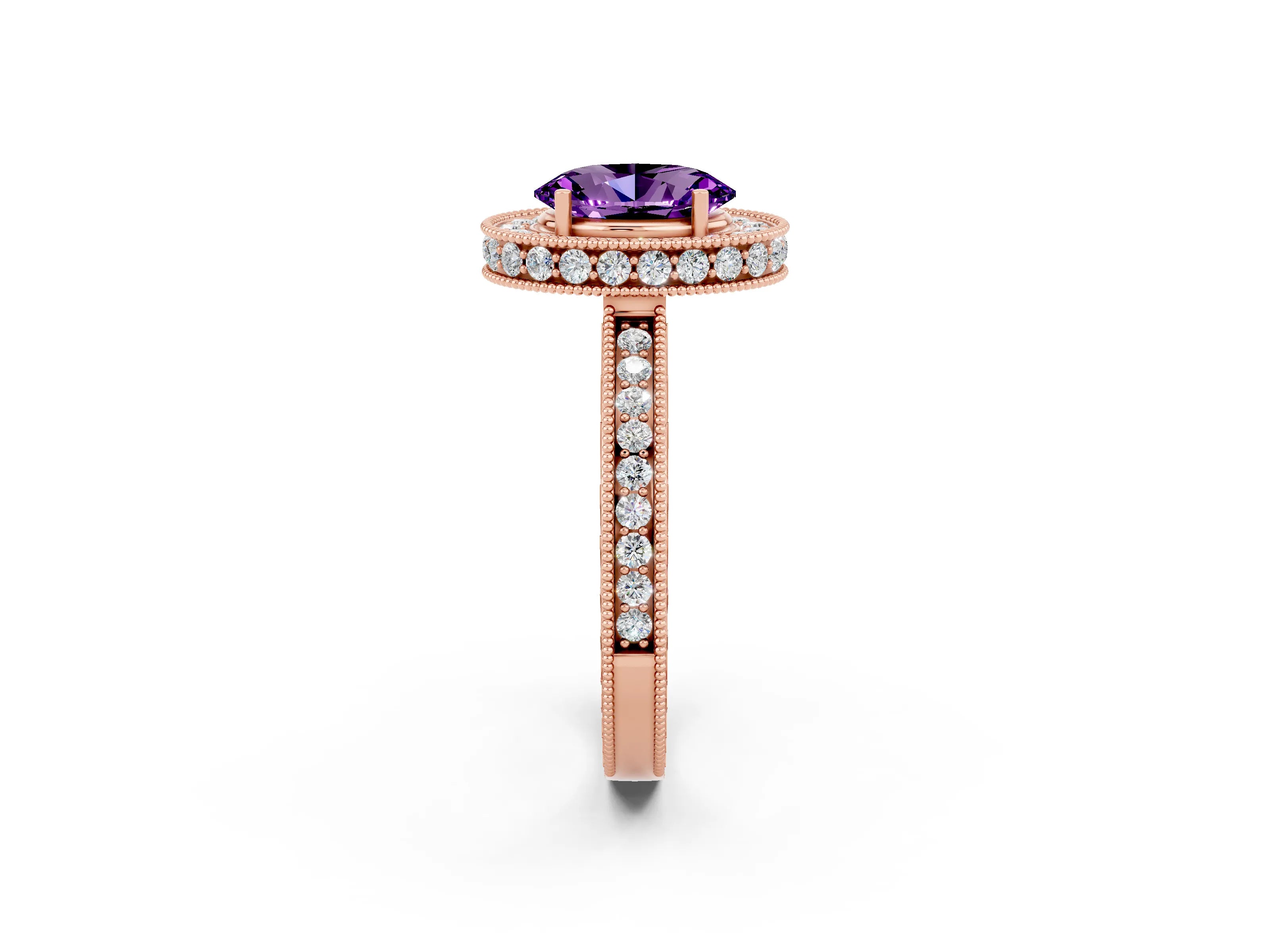Rose gold Oval Cut Halo Diamond Engagement Ring with Milgrain Pave Band and Four-Prong Setting_2