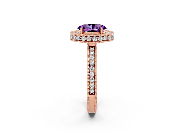 Rose gold Oval Cut Amethyst Milgrain Halo Engagement Ring with Round Pavé Band and Prong Setting
