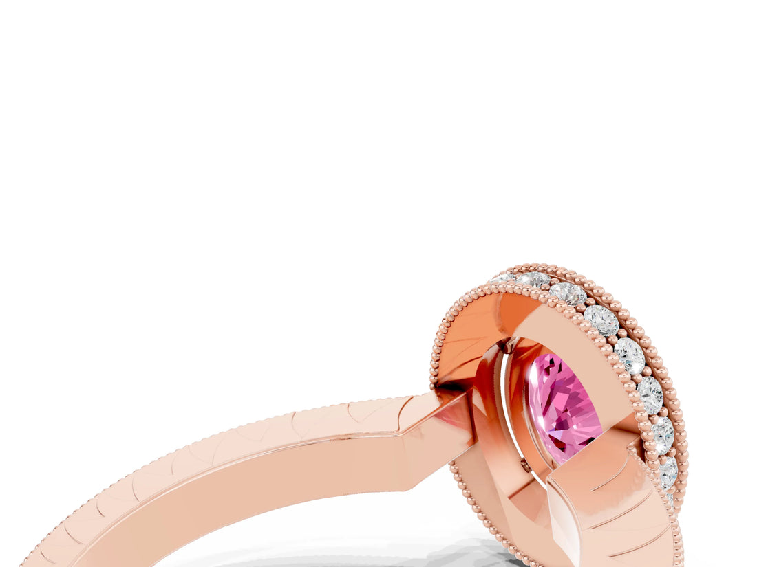 Rose gold Oval Cut Halo Diamond Engagement Ring with Milgrain Pave Band and Four-Prong Setting