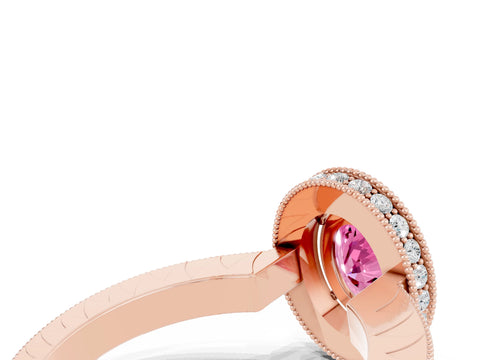 Rose gold Oval Cut Halo Diamond Engagement Ring with Milgrain Pave Band and Four-Prong Setting
