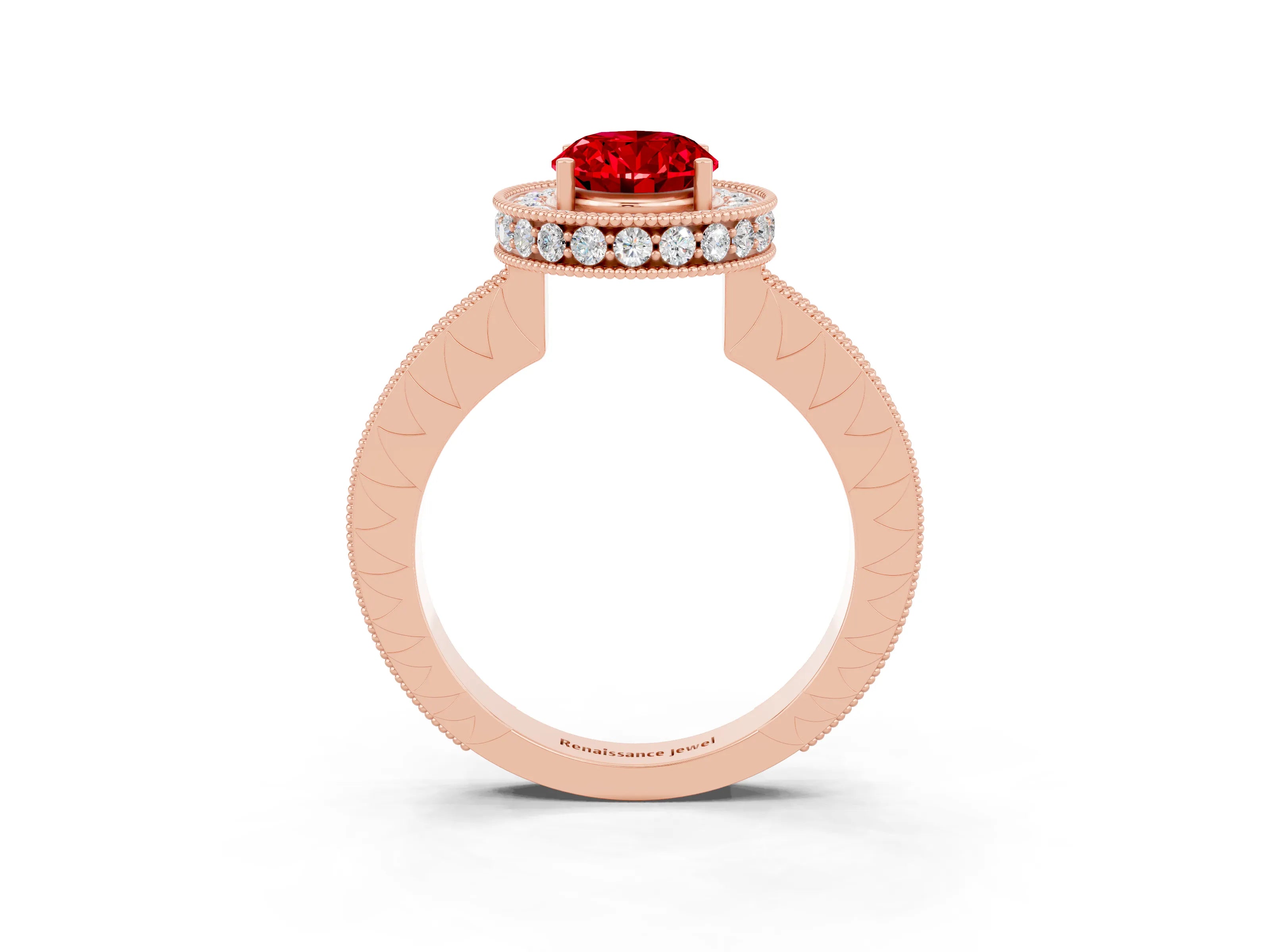 Rose gold Oval Cut Halo Diamond Engagement Ring with Milgrain Pave Band and Four-Prong Setting_3
