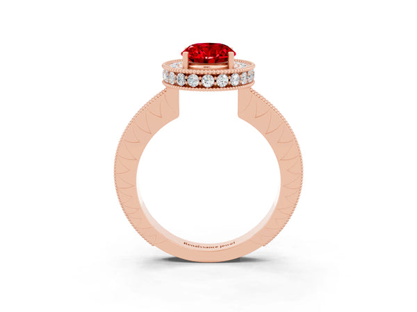 Rose gold Oval Cut Halo Diamond Engagement Ring with Milgrain Pave Band and Four-Prong Setting