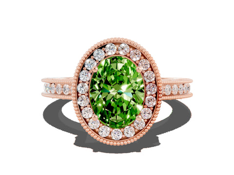 Rose gold Oval Cut Halo Diamond Engagement Ring with Milgrain Pave Band and Four-Prong Setting
