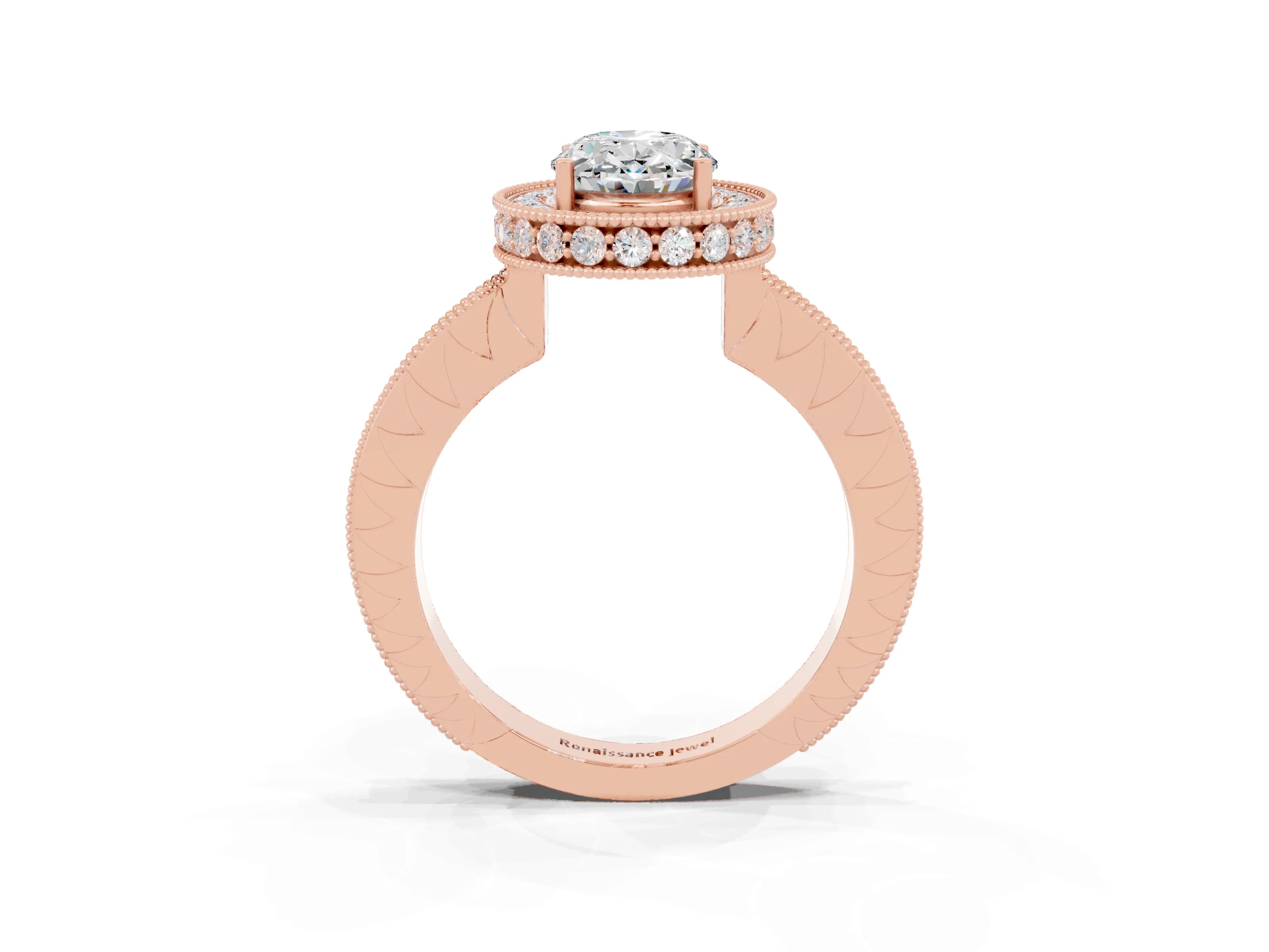 Rose gold Oval Cut Halo Diamond Engagement Ring with Milgrain Pave Band and Four-Prong Setting_3