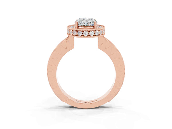 Rose gold Oval Cut Halo Diamond Engagement Ring with Milgrain Pave Band and Four-Prong Setting