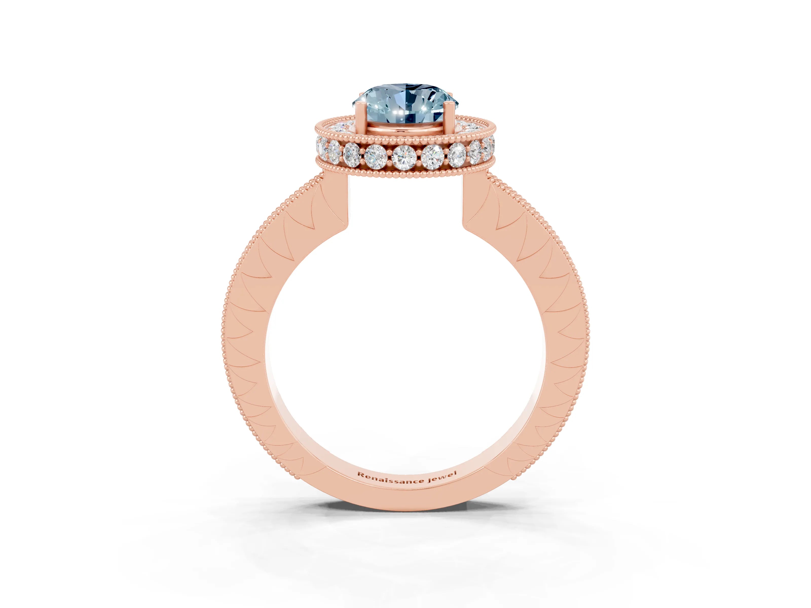 Rose gold Oval Cut Halo Diamond Engagement Ring with Milgrain Pave Band and Four-Prong Setting_3